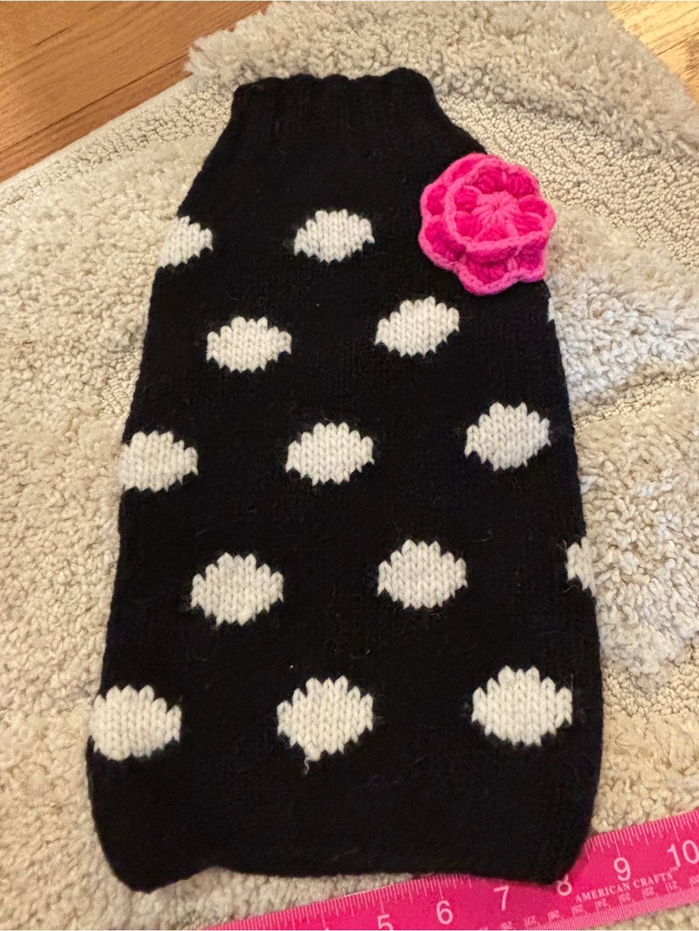 Chilly Dog - Black and White Polka Knit Pet Sweater with Pink Flower M